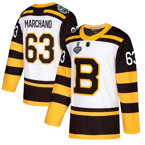 Adidas Bruins #63 Brad Marchand White Authentic 2019 Winter Classic Stanley Cup Final Bound Youth Stitched NHL Jersey
